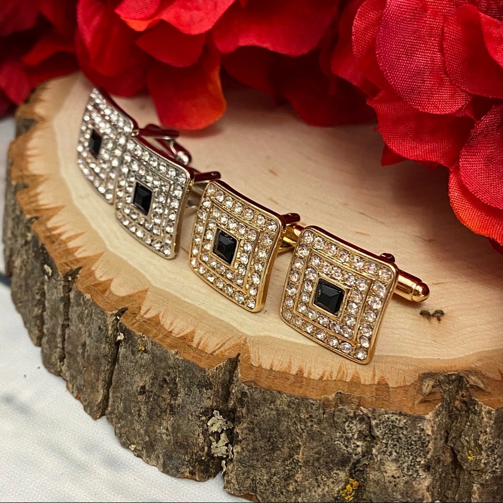 Square Cufflinks with Black & Silver Crystals - Picture 4 of 16
